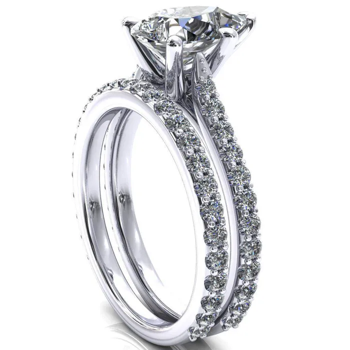 Fire Brilliance Rings Kelsy Pear Moissanite 5 Prong 34 Shared Scalloped Inverted Cathedral Ring