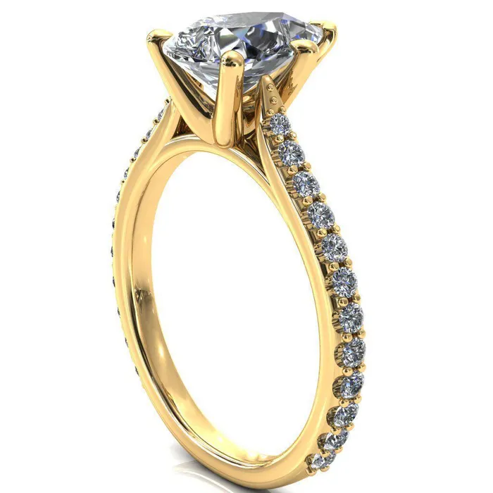 Fire Brilliance Rings Kelsy Pear Moissanite 5 Prong 34 Shared Scalloped Inverted Cathedral Ring