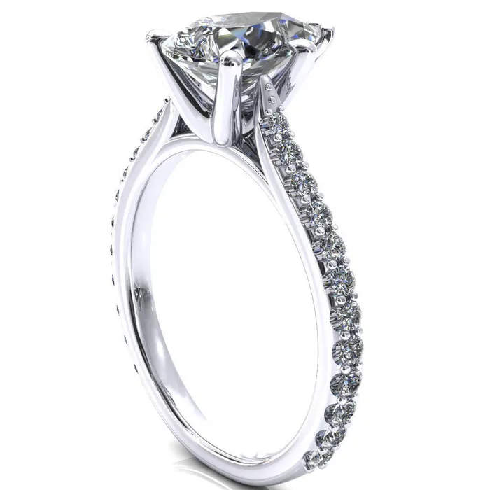 Fire Brilliance Rings Kelsy Pear Moissanite 5 Prong 34 Shared Scalloped Inverted Cathedral Ring