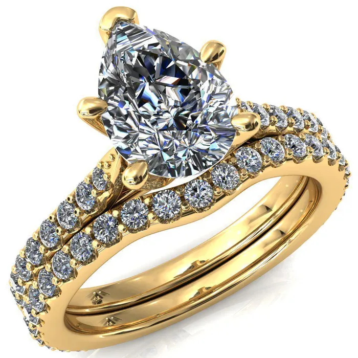 Fire Brilliance Rings Kelsy Pear Moissanite 5 Prong 34 Shared Scalloped Inverted Cathedral Ring