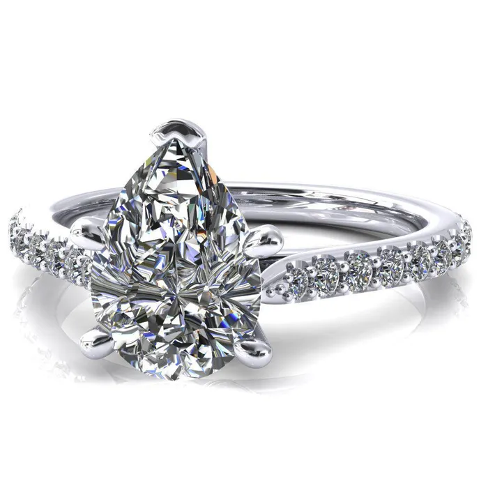 Fire Brilliance Rings Kelsy Pear Moissanite 5 Prong 34 Shared Scalloped Inverted Cathedral Ring