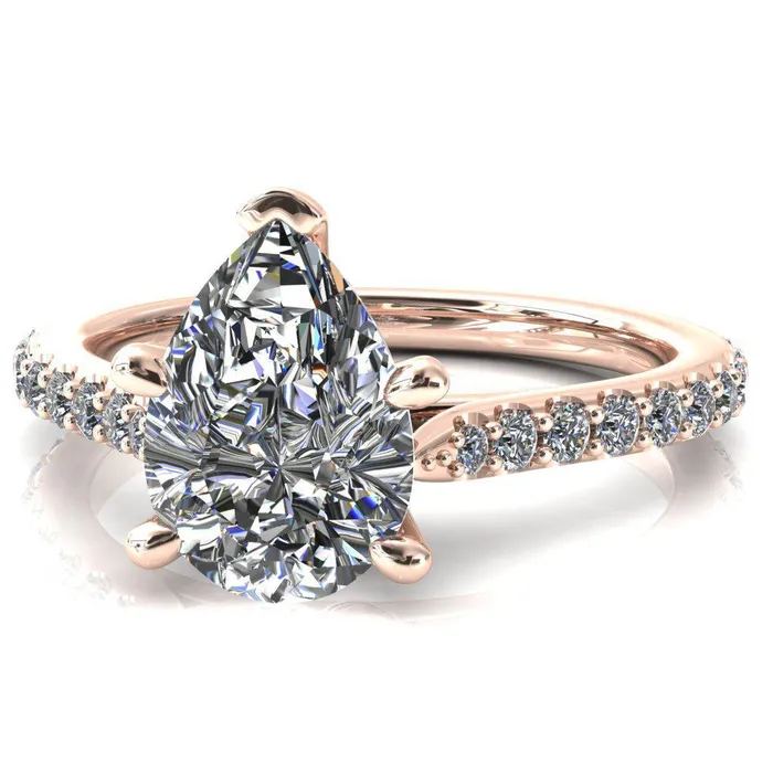 Fire Brilliance Rings Kelsy Pear Moissanite 5 Prong 34 Shared Scalloped Inverted Cathedral Ring