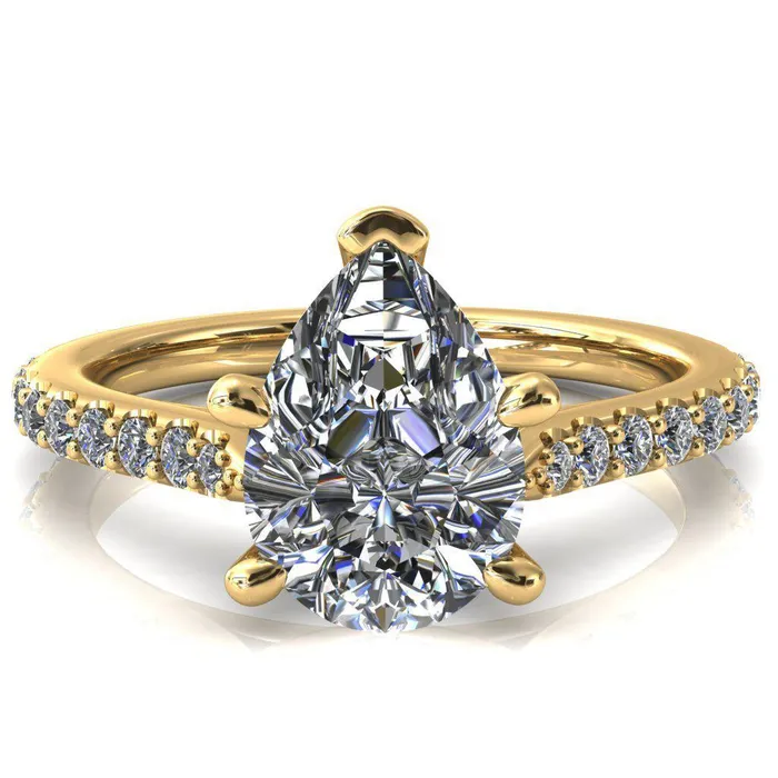 Fire Brilliance Rings Kelsy Pear Moissanite 5 Prong 34 Shared Scalloped Inverted Cathedral Ring