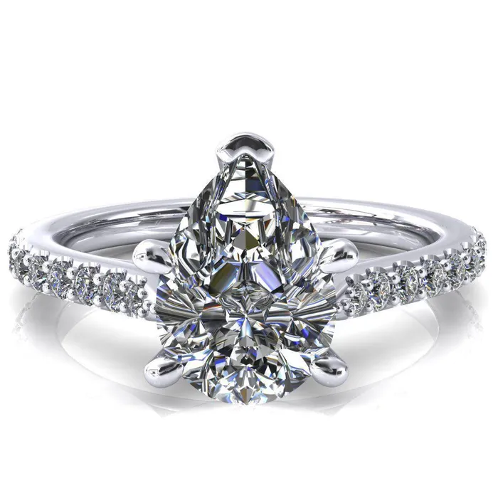 Fire Brilliance Rings Kelsy Pear Moissanite 5 Prong 34 Shared Scalloped Inverted Cathedral Ring