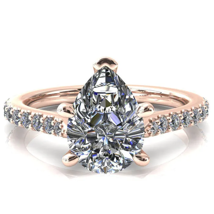 Fire Brilliance Rings Kelsy Pear Moissanite 5 Prong 34 Shared Scalloped Inverted Cathedral Ring