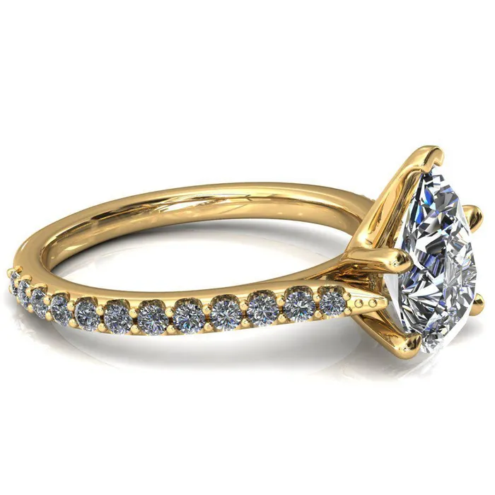 Fire Brilliance Rings Kelsy Pear Moissanite 5 Prong 34 Shared Scalloped Inverted Cathedral Ring