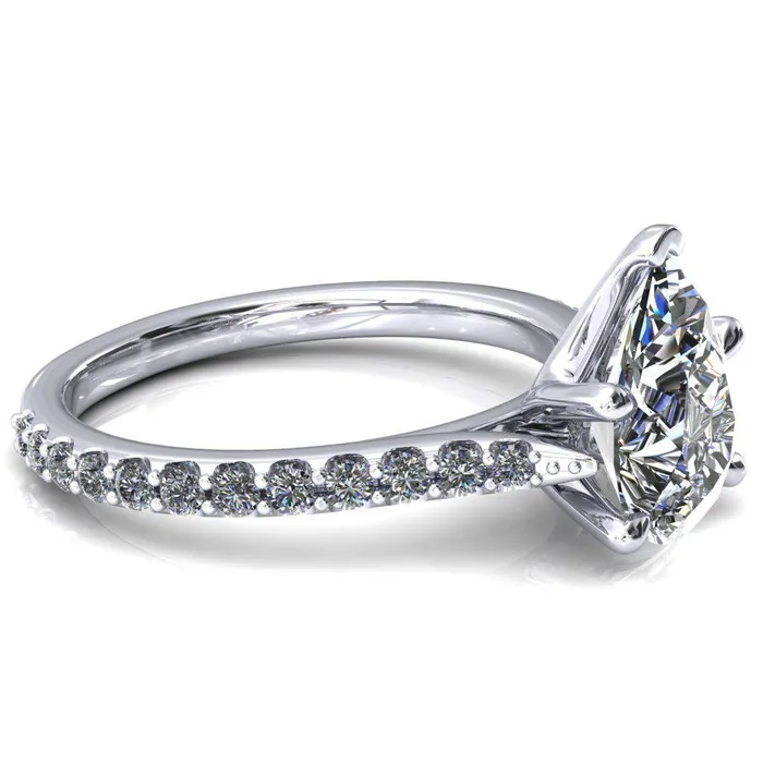 Fire Brilliance Rings Kelsy Pear Moissanite 5 Prong 34 Shared Scalloped Inverted Cathedral Ring