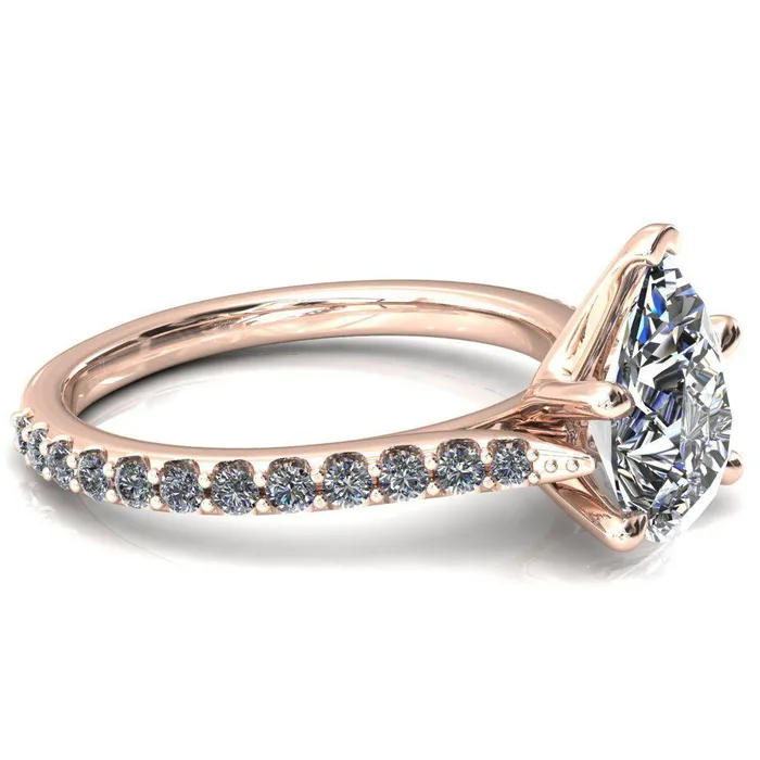Fire Brilliance Rings Kelsy Pear Moissanite 5 Prong 34 Shared Scalloped Inverted Cathedral Ring