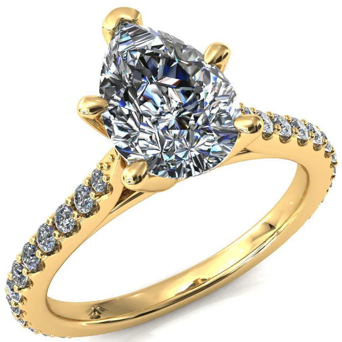 Fire Brilliance Rings Kelsy Pear Moissanite 5 Prong 34 Shared Scalloped Inverted Cathedral Ring