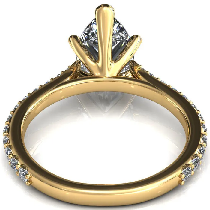 Fire Brilliance Rings Kelsy Pear Moissanite 5 Prong 34 Shared Scalloped Inverted Cathedral Ring