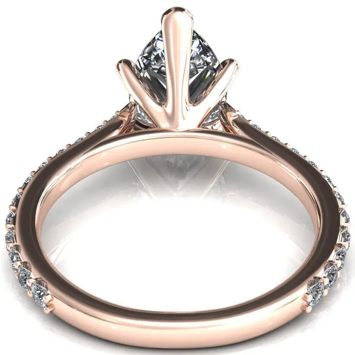 Fire Brilliance Rings Kelsy Pear Moissanite 5 Prong 34 Shared Scalloped Inverted Cathedral Ring