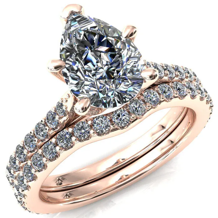 Fire Brilliance Rings Kelsy Pear Moissanite 5 Prong 34 Shared Scalloped Inverted Cathedral Ring