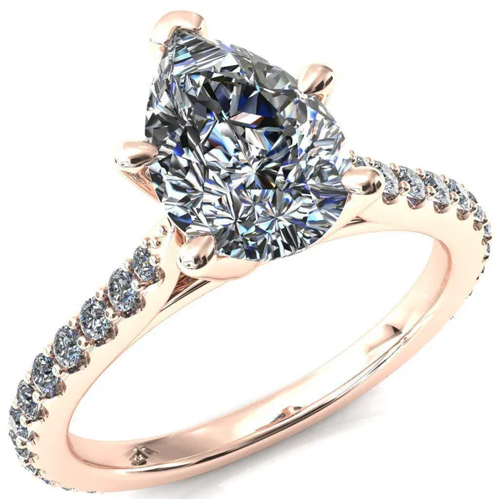 Fire Brilliance Rings Kelsy Pear Moissanite 5 Prong 34 Shared Scalloped Inverted Cathedral Ring