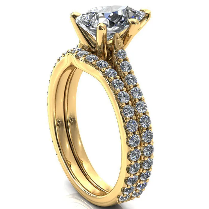 Fire Brilliance Rings Kelsy Pear Moissanite 5 Prong 34 Shared Scalloped Inverted Cathedral Ring