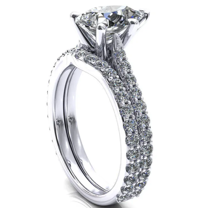 Fire Brilliance Rings Kelsy Pear Moissanite 5 Prong 34 Shared Scalloped Inverted Cathedral Ring
