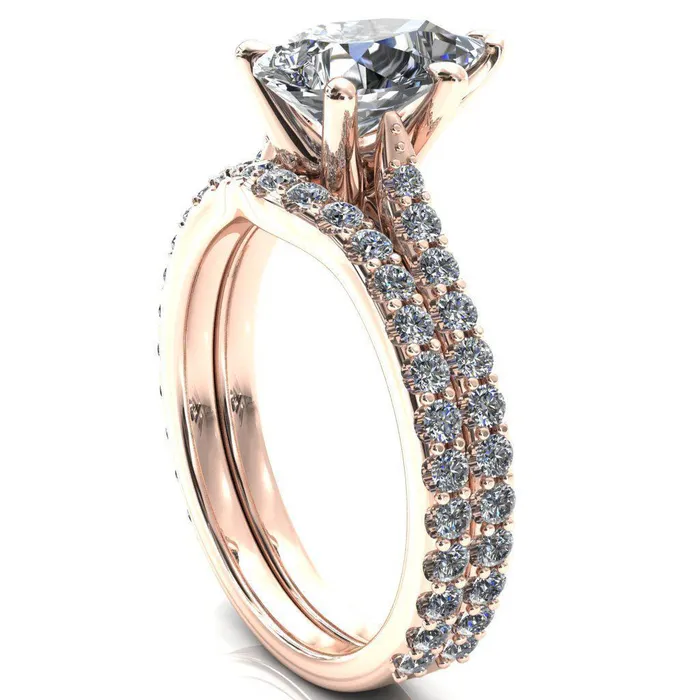 Fire Brilliance Rings Kelsy Pear Moissanite 5 Prong 34 Shared Scalloped Inverted Cathedral Ring