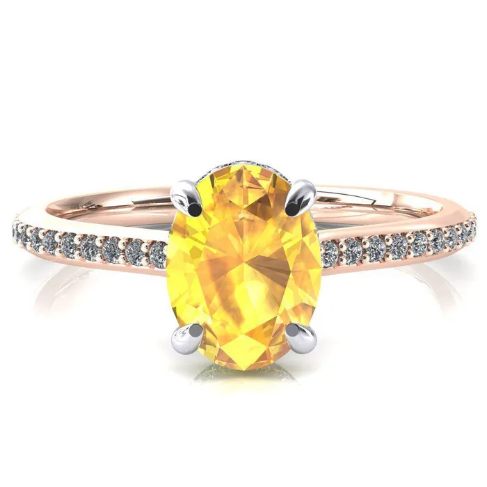 Fire Brilliance Rings Kiki Oval Yellow Sapphire 4 Prongs Claw Floating Halo 12 Pinpoint Inverted Cathedral Ring