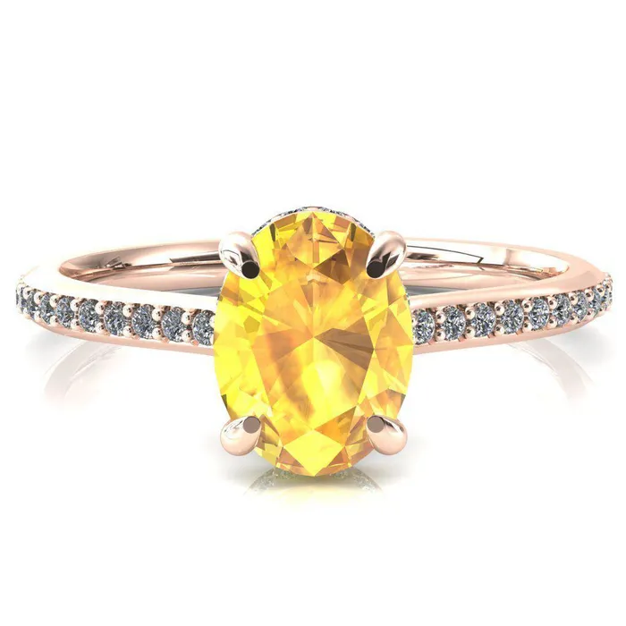Fire Brilliance Rings Kiki Oval Yellow Sapphire 4 Prongs Claw Floating Halo 12 Pinpoint Inverted Cathedral Ring