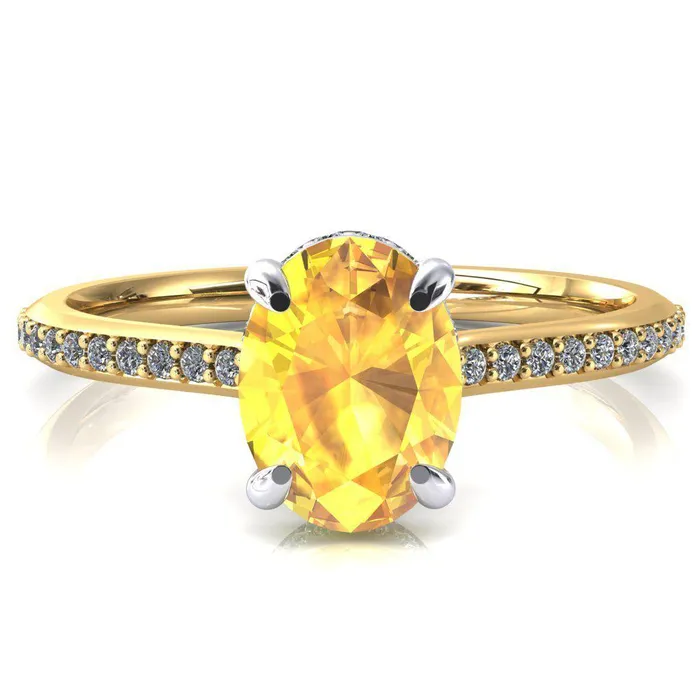 Fire Brilliance Rings Kiki Oval Yellow Sapphire 4 Prongs Claw Floating Halo 12 Pinpoint Inverted Cathedral Ring