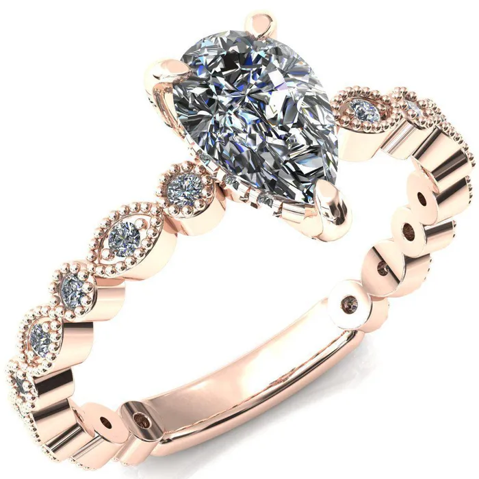 Fire Brilliance Rings Lizette Pear Moissanite 3 Claw Prong 34 Eternity Milgrain Diamond Shank Engagement Ring