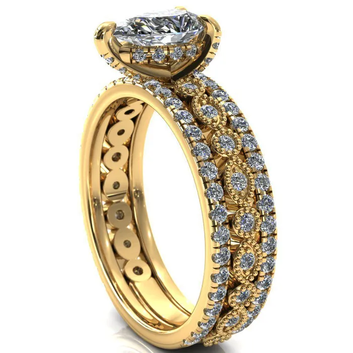 Fire Brilliance Rings Lizette Pear Moissanite 3 Claw Prong 34 Eternity Milgrain Diamond Shank Engagement Ring