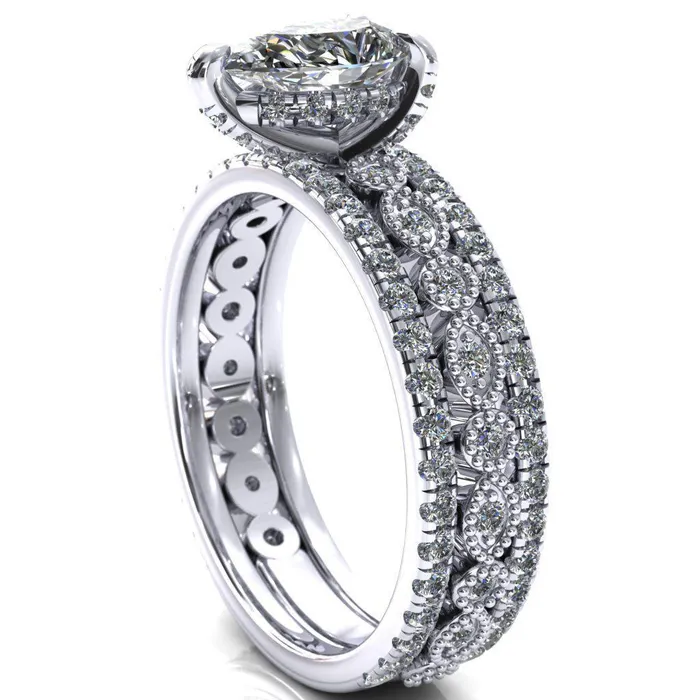 Fire Brilliance Rings Lizette Pear Moissanite 3 Claw Prong 34 Eternity Milgrain Diamond Shank Engagement Ring