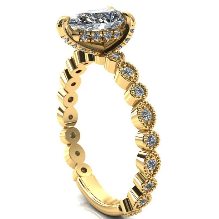 Fire Brilliance Rings Lizette Pear Moissanite 3 Claw Prong 34 Eternity Milgrain Diamond Shank Engagement Ring