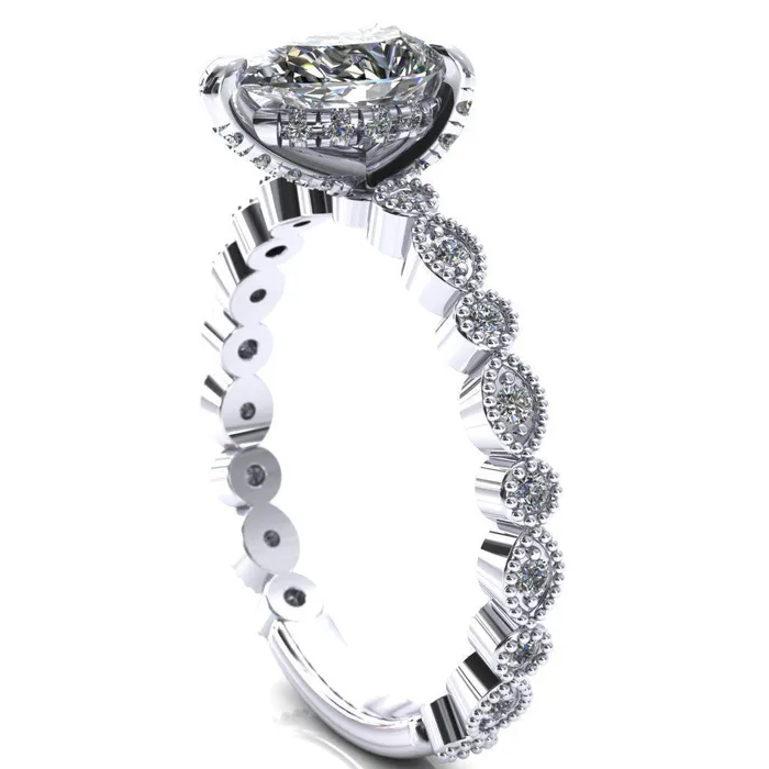 Fire Brilliance Rings Lizette Pear Moissanite 3 Claw Prong 34 Eternity Milgrain Diamond Shank Engagement Ring