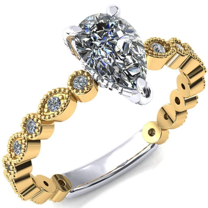 Fire Brilliance Rings Lizette Pear Moissanite 3 Claw Prong 34 Eternity Milgrain Diamond Shank Engagement Ring