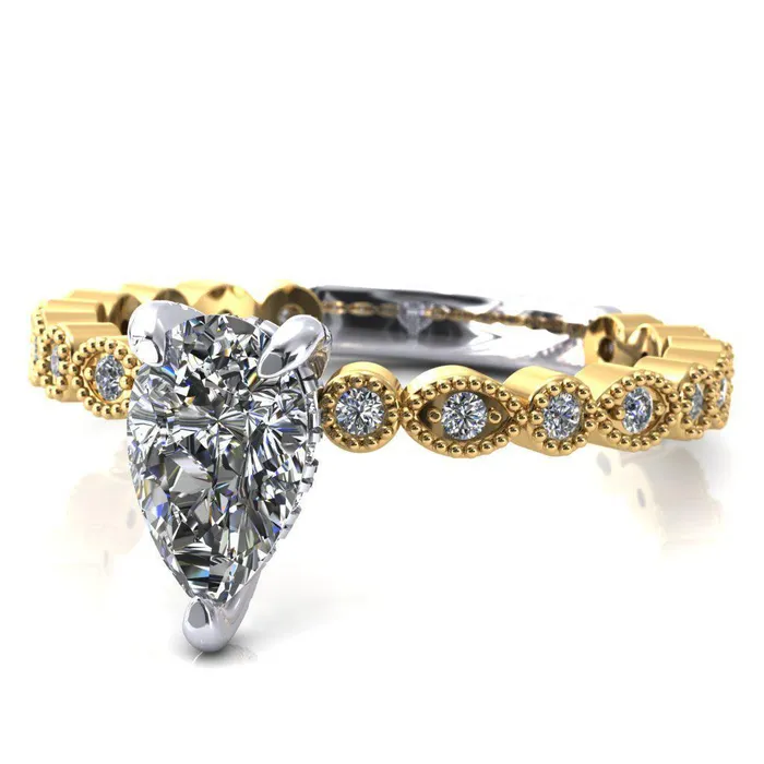 Fire Brilliance Rings Lizette Pear Moissanite 3 Claw Prong 34 Eternity Milgrain Diamond Shank Engagement Ring