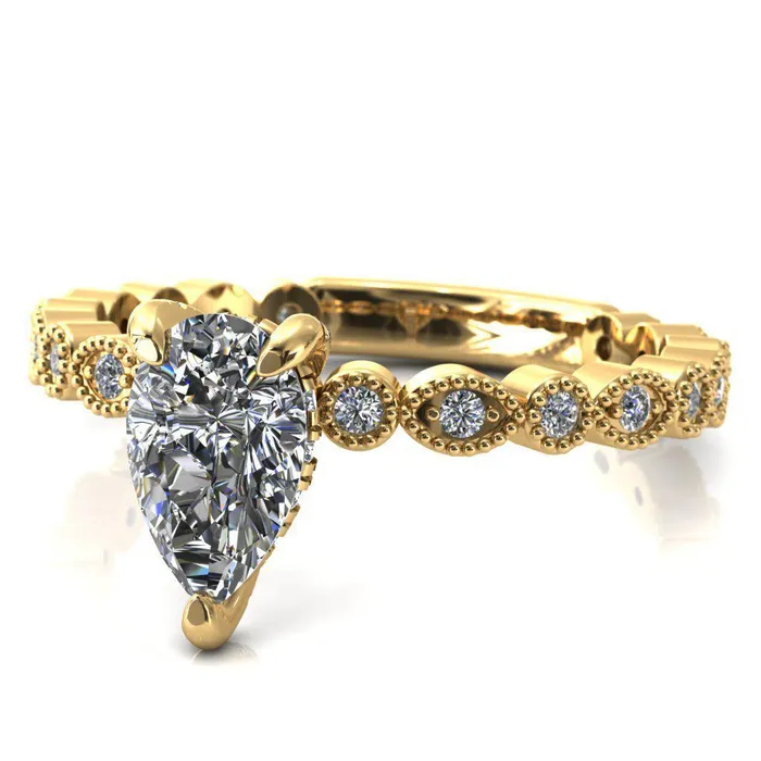Fire Brilliance Rings Lizette Pear Moissanite 3 Claw Prong 34 Eternity Milgrain Diamond Shank Engagement Ring