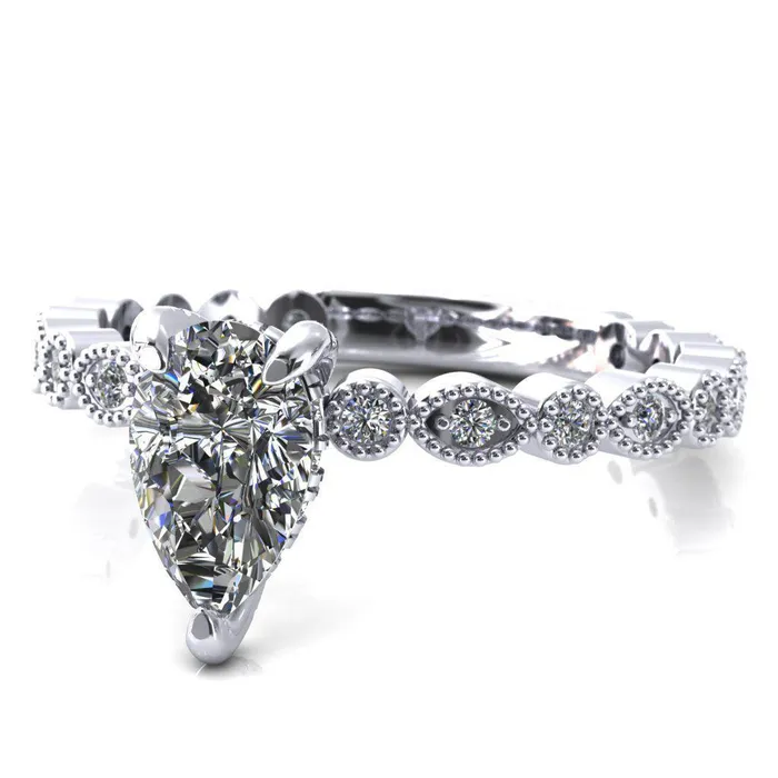 Fire Brilliance Rings Lizette Pear Moissanite 3 Claw Prong 34 Eternity Milgrain Diamond Shank Engagement Ring