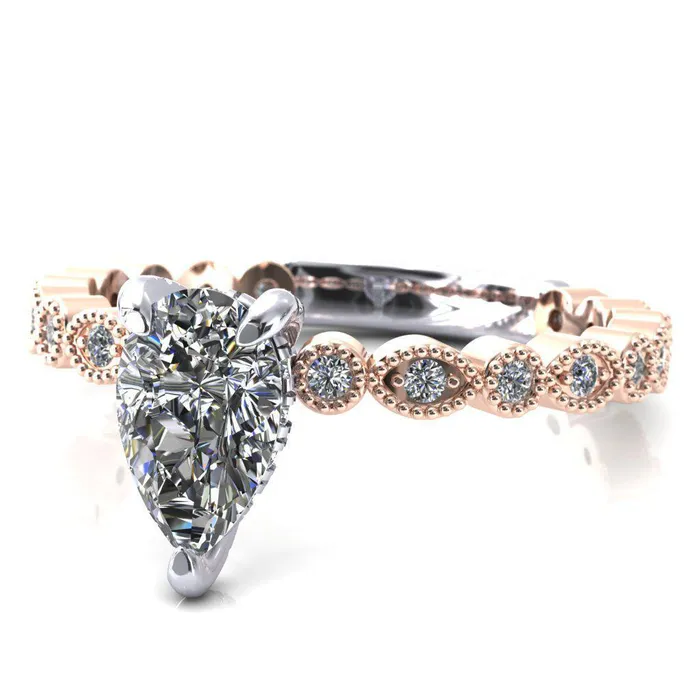 Fire Brilliance Rings Lizette Pear Moissanite 3 Claw Prong 34 Eternity Milgrain Diamond Shank Engagement Ring