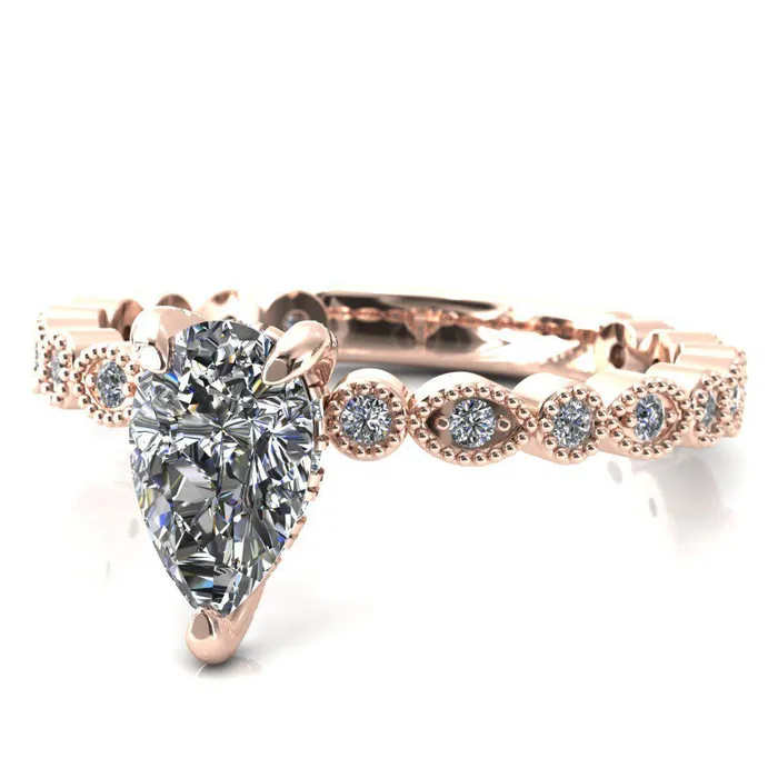 Fire Brilliance Rings Lizette Pear Moissanite 3 Claw Prong 34 Eternity Milgrain Diamond Shank Engagement Ring