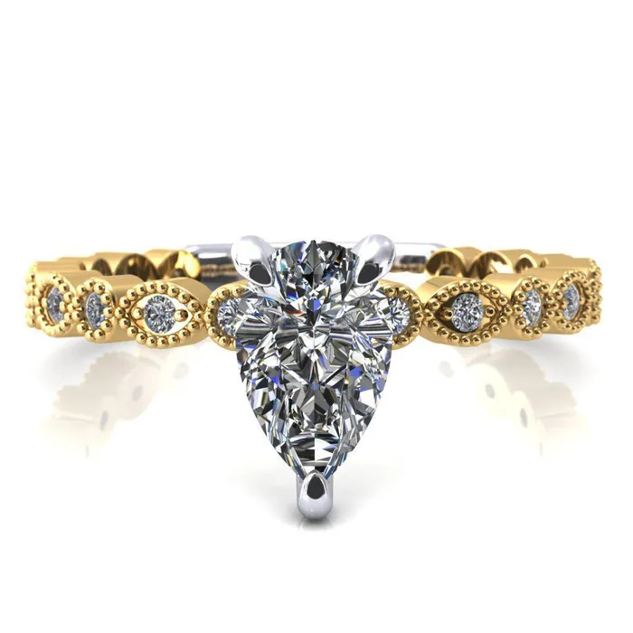 Fire Brilliance Rings Lizette Pear Moissanite 3 Claw Prong 34 Eternity Milgrain Diamond Shank Engagement Ring