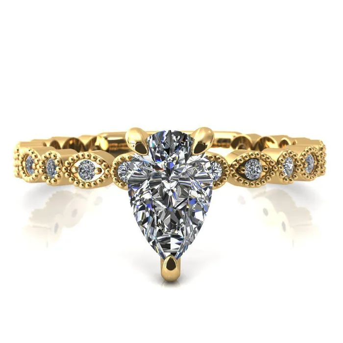 Fire Brilliance Rings Lizette Pear Moissanite 3 Claw Prong 34 Eternity Milgrain Diamond Shank Engagement Ring