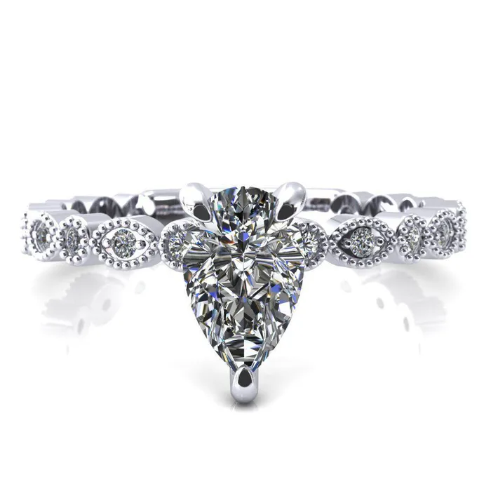 Fire Brilliance Rings Lizette Pear Moissanite 3 Claw Prong 34 Eternity Milgrain Diamond Shank Engagement Ring