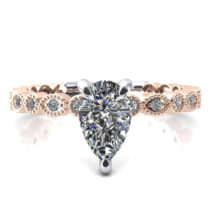 Fire Brilliance Rings Lizette Pear Moissanite 3 Claw Prong 34 Eternity Milgrain Diamond Shank Engagement Ring