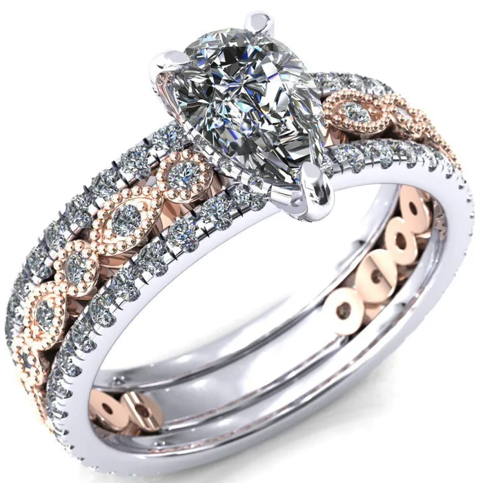 Fire Brilliance Rings Lizette Pear Moissanite 3 Claw Prong 34 Eternity Milgrain Diamond Shank Engagement Ring