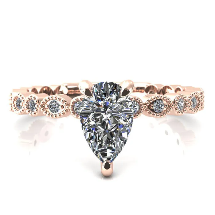 Fire Brilliance Rings Lizette Pear Moissanite 3 Claw Prong 34 Eternity Milgrain Diamond Shank Engagement Ring