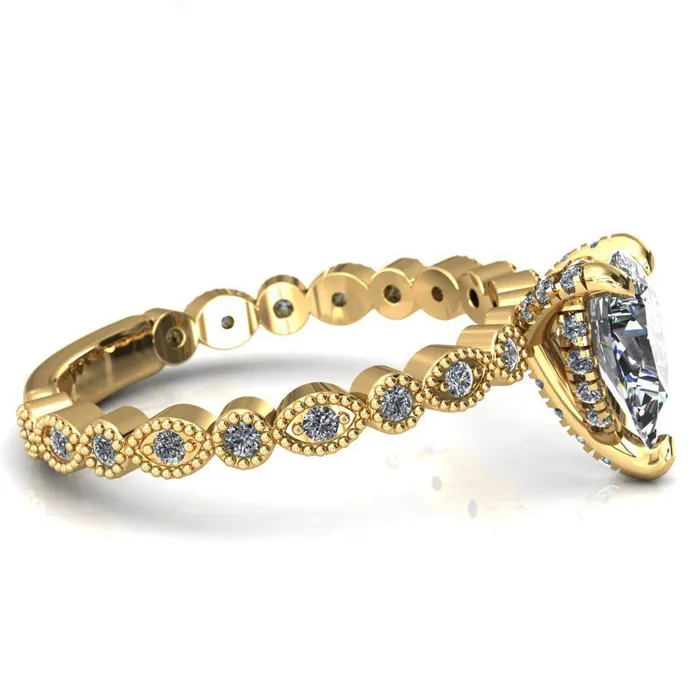 Fire Brilliance Rings Lizette Pear Moissanite 3 Claw Prong 34 Eternity Milgrain Diamond Shank Engagement Ring