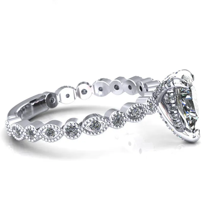 Fire Brilliance Rings Lizette Pear Moissanite 3 Claw Prong 34 Eternity Milgrain Diamond Shank Engagement Ring