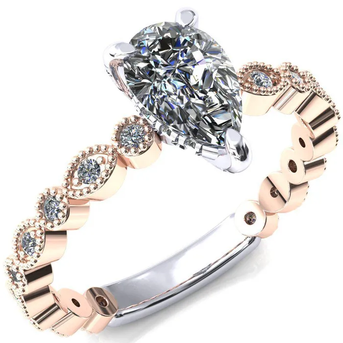 Fire Brilliance Rings Lizette Pear Moissanite 3 Claw Prong 34 Eternity Milgrain Diamond Shank Engagement Ring