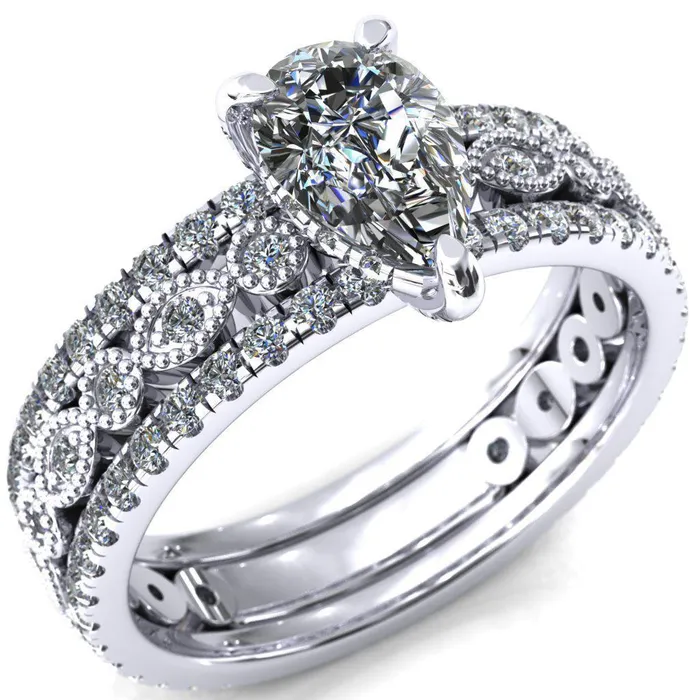 Fire Brilliance Rings Lizette Pear Moissanite 3 Claw Prong 34 Eternity Milgrain Diamond Shank Engagement Ring