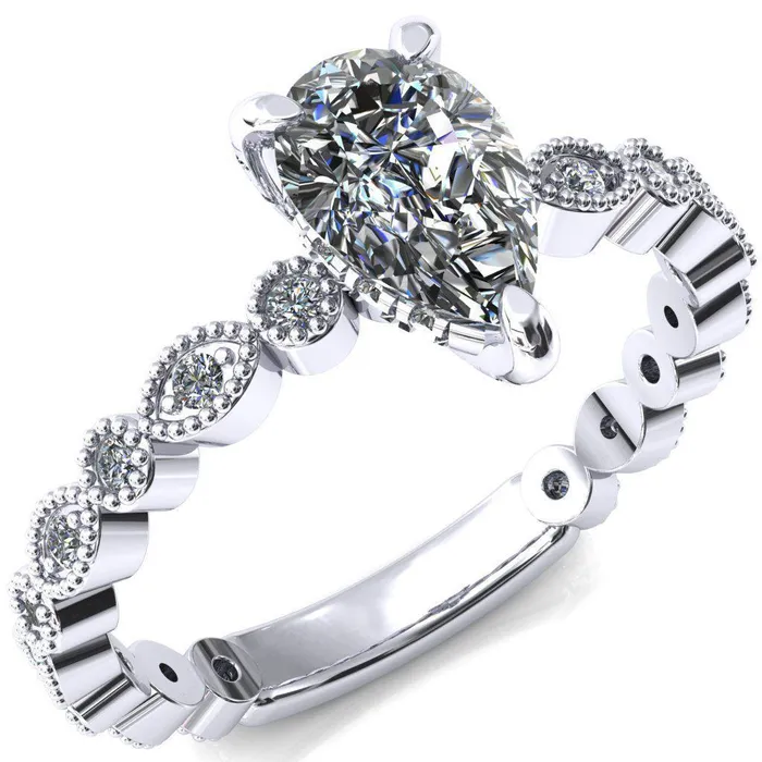 Fire Brilliance Rings Lizette Pear Moissanite 3 Claw Prong 34 Eternity Milgrain Diamond Shank Engagement Ring