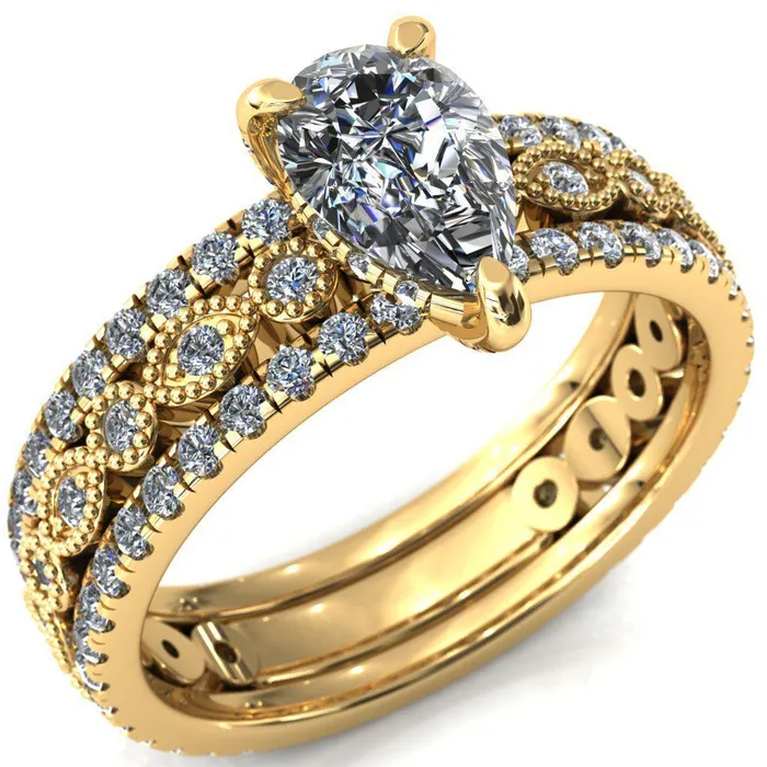 Fire Brilliance Rings Lizette Pear Moissanite 3 Claw Prong 34 Eternity Milgrain Diamond Shank Engagement Ring