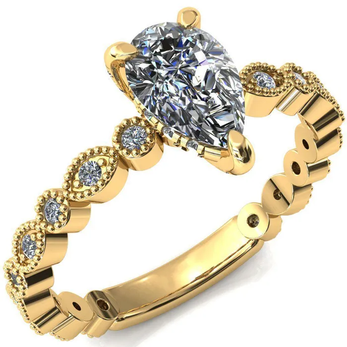 Fire Brilliance Rings Lizette Pear Moissanite 3 Claw Prong 34 Eternity Milgrain Diamond Shank Engagement Ring