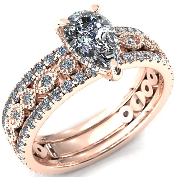 Fire Brilliance Rings Lizette Pear Moissanite 3 Claw Prong 34 Eternity Milgrain Diamond Shank Engagement Ring