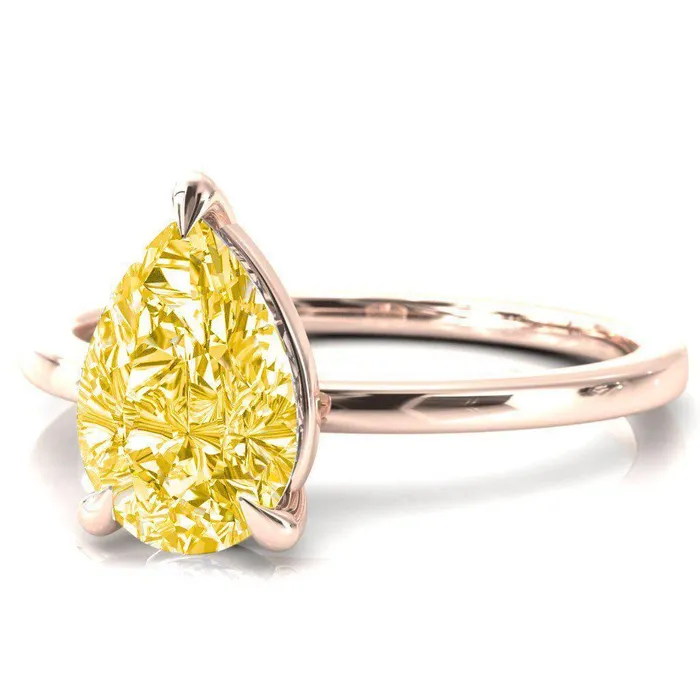 Fire Brilliance Rings Lyla Pear Canary Yellow 3 Claw Prong Single Rail Solitaire Ring