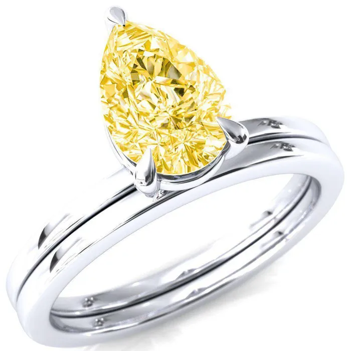 Fire Brilliance Rings Lyla Pear Canary Yellow 3 Claw Prong Single Rail Solitaire Ring